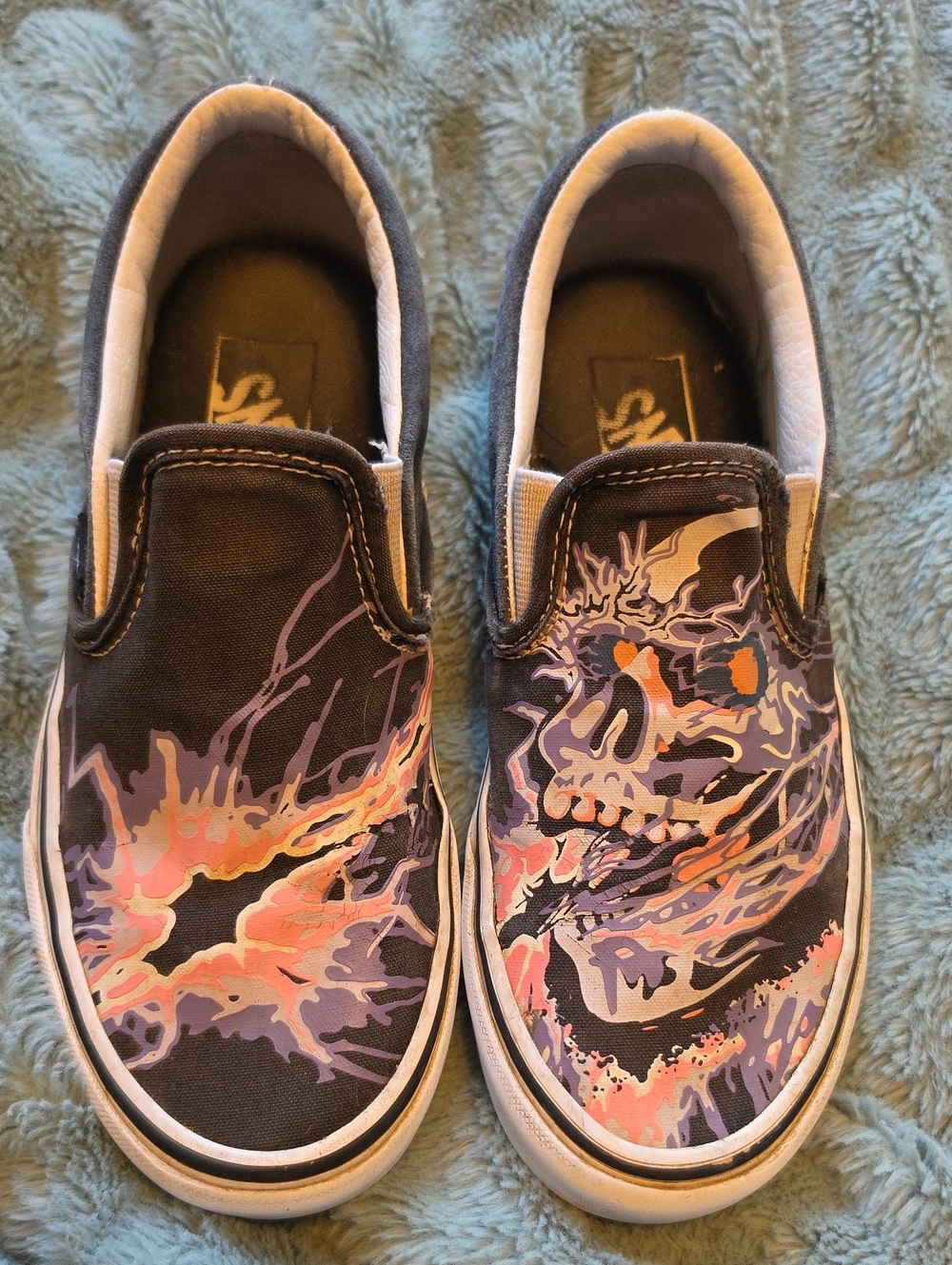 Vans Black Slip-On Skate Shoes with Pink & Purple Skull Graphic